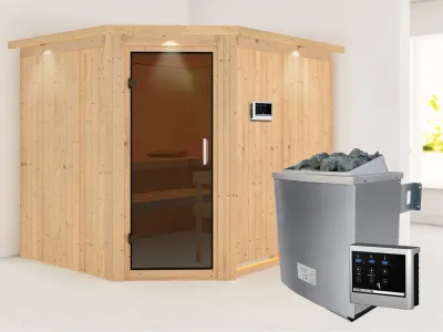 Systemsauna Malin mit Dachkranz, graphit Ganzglastür, inkl. 9 kW Saunaofen ext. Steuerung Produktbild #1