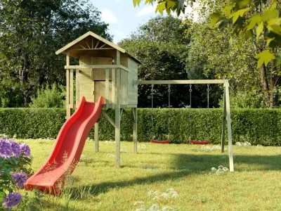 Stelzenhaus Tree Hut KDI inkl. Doppelschaukel und Rutsche rot Produktbild #1