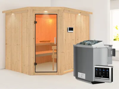 Sauna Systemsauna Malin mit Dachkranz, Klarglas Ganzglastür + 9 kW Bio-Kombiofen mit ext. Strg Produktbild #2