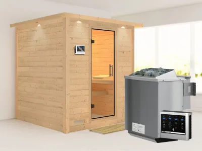 Sauna Massivholzsauna Mojave mit Dachkranz, Klarglas Ganzglastür + 9 kW Bio-Kombiofen mit ext. Strg Produktbild #1