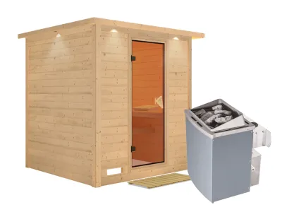 Massivholzsauna Mojave mit Dachkranz, bronzierte Ganzglastür, inkl. 9 kW Ofen integr. Steuerung Produktbild #3