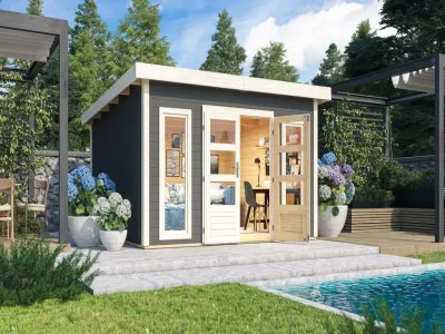 Gartenhaus Northeim 5 – Terragrau, 419 x 420 cm, 38 mm Wandstärke, Pultdach Produktbild #1