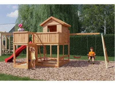 Stelzenhaus Pluto teakfarben inkl. Rutsche rot Produktbild #1