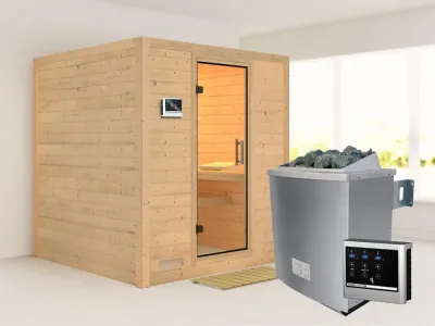 Sauna Massivholzsauna Mojave Klarglas Ganzglastür + 9 kW Saunaofen mit externe Steuerung Produktbild #1