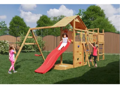Spielturm Smart 2 Bridge teakfarben inkl. Rutsche rot Produktbild #3