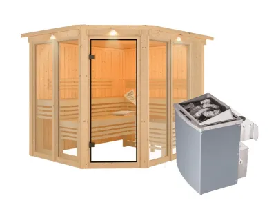 Sauna Ainur mit bronzierter Glastür und Dachkranz + 9 kW Saunaofen integr. Strg. Produktbild #8