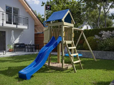 Spielturm Pirat Captain Jolly KDI mit Doppelschaukel inkl. Rutsche blau + Nestschaukel Produktbild #2