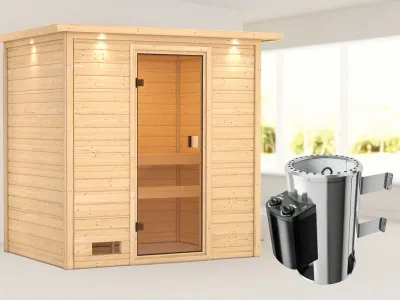 Sauna Selena mit bronzierter Glastür und Dachkranz + 3,6 kW Plug & Play Saunaofen integr. Strg. Produktbild #1