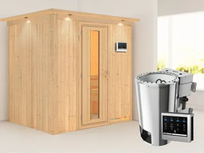 Sauna Systemsauna Fanja mit Dachkranz, Energiespartür, Plug & Play Bio-Ofen mit externer Steuerung Produktbild #1