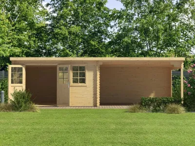 Gartenhaus Blockbohlenhaus CA2988 28 mm naturbelassen mit 4 m Anbau Produktbild #2