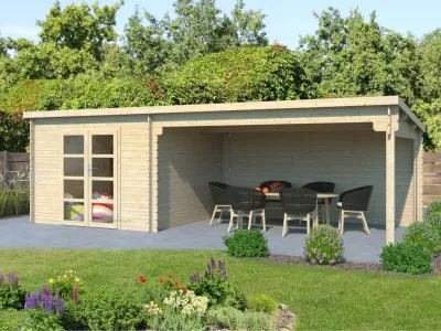 Gartenhaus Homeoffice Blockbohlenhaus Inna 34 mm naturbelassen mit 4 m Anbau Produktbild #2