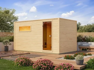 Gartensauna Lenchen 6 natur mit Vorraum und bronzierter Ganzglastür Produktbild #1