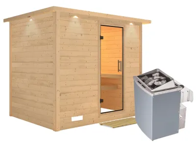 Sauna Massivholzsauna Sonara mit Dachkranz, Klarglas Ganzglastür + 9 kW Saunaofen mit Steuerung Produktbild #5