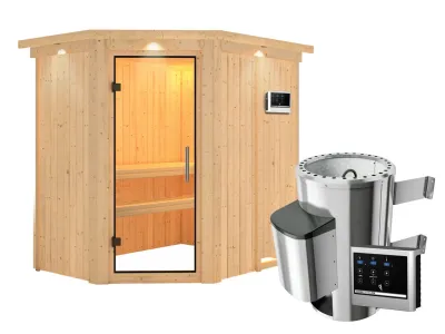 Sauna Systemsauna Saja mit Dachkranz, Klarglas Ganzglastür + Plug & Play Saunaofen mit ext. Strg Produktbild #5
