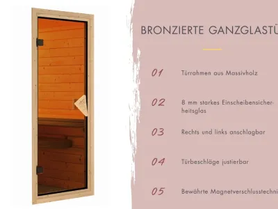 Systemsauna Sodin mit Dachkranz, bronzierte Ganzglastür Produktbild #6