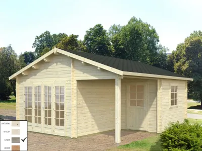 Gartenhaus Blockbohlenhaus Irene 21,9+5,2 m² 44 mm grau tauchimprägniert Produktbild #1