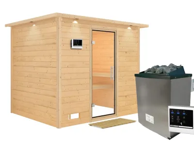 Massivholzsauna Sonara mit Dachkranz Klarglas Ganzglastür Produktbild #3