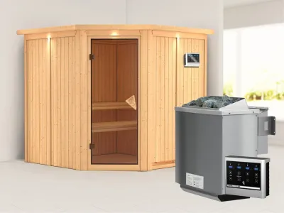 Systemsauna Jarin mit Dachkranz, bronzierte Ganzglastür, inkl. 9 kW Bio-Kombiofen ext. Steuerung Produktbild #1