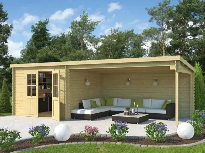 Gartenhaus Blockbohlenhaus St. Louis Exklusiv 28 mm mit 4 m Anbau Produktbild #1