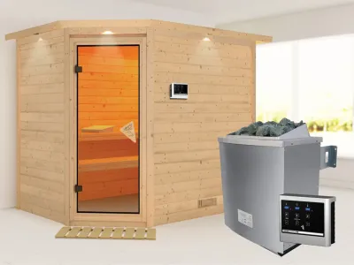 Sauna Massivholzsauna Tanami mit Dachkranz, inkl. 9 kW Saunaofen ext. Steuerung Produktbild #1