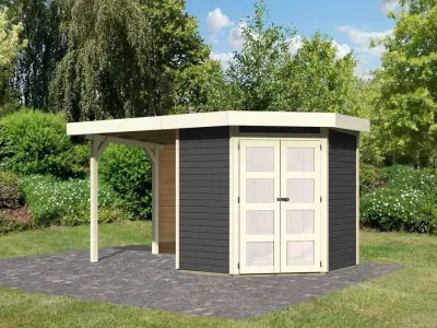 Gartenhaus SET Goldendorf 3 ECO 19 mm terragrau, inkl. 2,4 m Anbaudach + Rückwand Produktbild #1