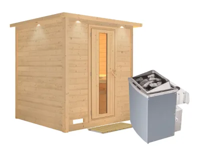 Massivholzsauna Mojave mit Dachkranz, Holztür mit Isolierglas, inkl. 9 kW Ofen integr. Steuerung Produktbild #2