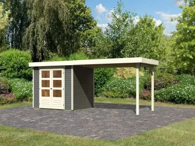 Gartenhaus Askola 3 19 mm terragrau inkl. 2,8 m Anbaudach Produktbild #1