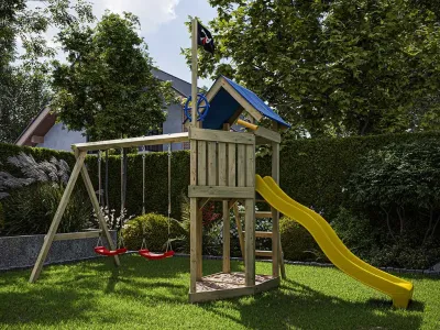 Spielturm Pirat Captain Jolly KDI mit Doppelschaukel inkl. Rutsche gelb + Sitze rot Produktbild #1