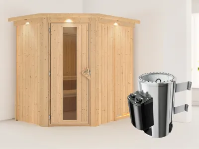 Sauna Systemsauna Saja mit Dachkranz, Energiespartür + Plug & Play Saunaofen mit Steuerung Produktbild #1