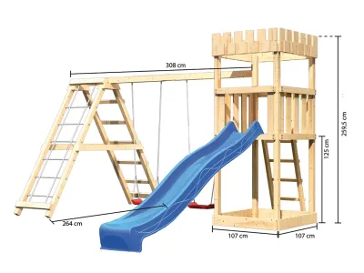 Spielturm SET Ritterburg Löwenherz naturbelassen inkl. Rutsche blau + Doppelschaukel + Klettergerüst Produktbild #2