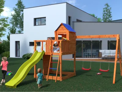 Spielturm Treehouse teakfarben inkl. Doppelschaukel + Rutsche Produktbild #1