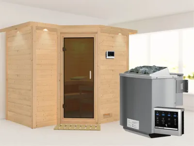 Massivholzsauna Sahib 2 mit Dachkranz, graphit Ganzglastür, inkl. 9 kW Bio-Ofen ext. Steuerung Produktbild #6