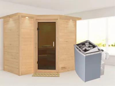 Massivholzsauna Sahib 2 mit Dachkranz, graphit Ganzglastür, inkl. 9 kW Saunaofen integr. Steuerung Produktbild #1