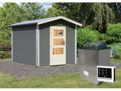Saunahaus Bosse 1 terragrau 38 mm inkl. klassischer Saunaofen 9 kW + ext. Steuerung Produktbild #3