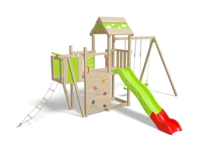 Spielturm Louanne inkl. Doppelschaukel, Kletterwand + Rutsche grün-rot Produktbild #5