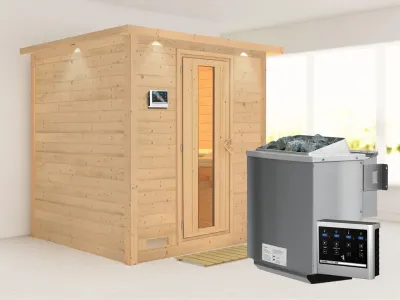Massivholzsauna Mojave mit Dachkranz, Holztür mit Isolierglas inkl. 9 kW Bio-Ofen ext. Steuerung Produktbild #7