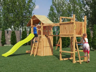 Spielturm Smart 7 Bridge teakfarben inkl. Rutsche gelb Produktbild #3