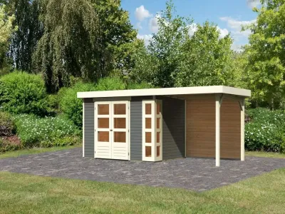 Gartenhaus SET Kerko 4 19 mm terragrau, inkl. 2,4 m Anbaudach + Rückwand Produktbild #1