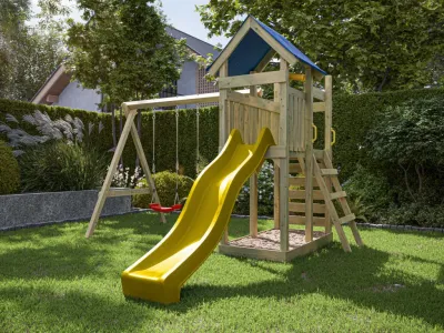 Spielturm Speedy KDI inkl. Doppelschaukel inkl. Rutsche gelb + Sitze rot Produktbild #1