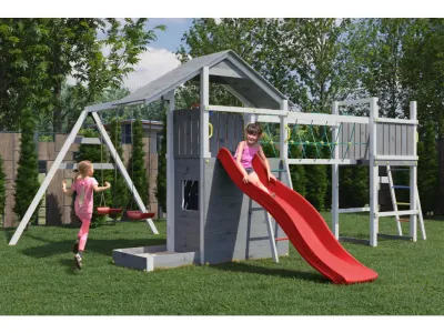 Spielturm Smart 7 Bridge grau-weiß inkl. Rutsche rot Produktbild #1