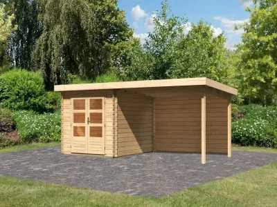 Gartenhaus Blockbohlenhaus SET Bastrup 4 28 mm naturbelassen, inkl. 3 m Anbaudach + Rückwand Produktbild #1
