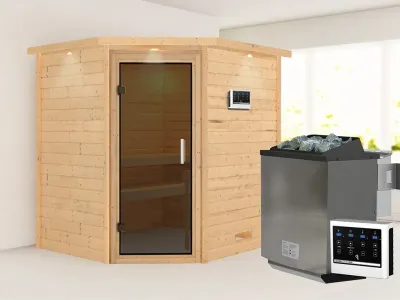 Sauna Massivholzsauna Mia mit Dachkranz, inkl. 9 kW Bio-Ofen mit externer Steuerung Produktbild #1