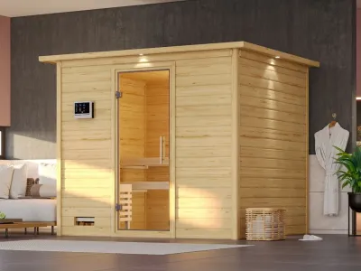 Massivholzsauna Sonara mit Dachkranz Klarglas Ganzglastür Produktbild #1