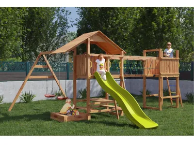 Spielturm Smart 1 Bridge teakfarben inkl. Rutsche gelb Produktbild #1