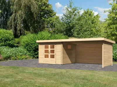Gartenhaus Blockbohlenhaus SET Trittau 3 38 mm naturbelassen, inkl. 4 m Anbaudach + Seiten-/Rückwand Produktbild #1