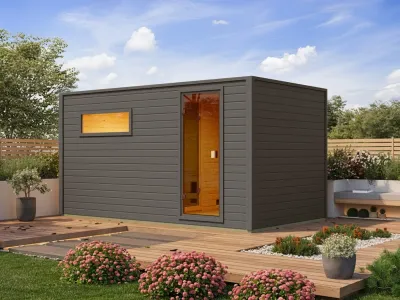 Gartensauna Lenchen 6 terragrau SPARSET mit 9 kW Bio-Ofen und ext. Steuerung Produktbild #1