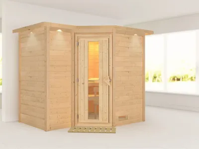 Massivholzsauna Sahib 2 mit Dachkranz, Holztür mit Isolierglas Produktbild #1