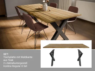 Tischplatte mit Waldkante aus Teak SPARSET inkl. Metalluntergestell Ironline Regular X Produktbild #2
