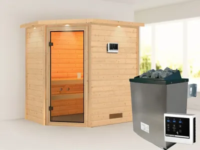 Sauna Massivholzsauna Jella mit Dachkranz, inkl. 9 kW Ofen mit externer Steuerung Produktbild #1