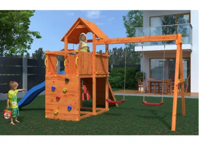 Spielturm Bento D teakfarben inkl. Rutsche blau Produktbild #2